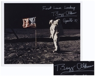 Buzz Aldrin Signed 10 x 8 First Lunar Landing Photo -- Aldrin Stands in Front of the U.S. Flag on the Moon